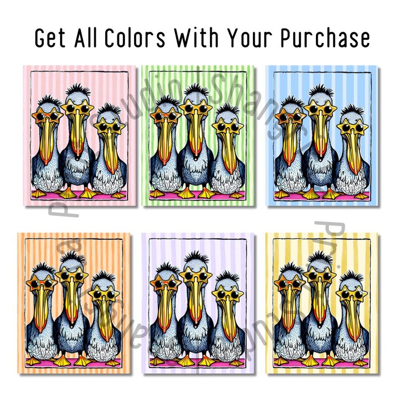 May include: Six different color variations of a digital illustration of three pelicans wearing sunglasses. Each pelican has a different colored beak and feet. The pelicans are standing on a striped background.