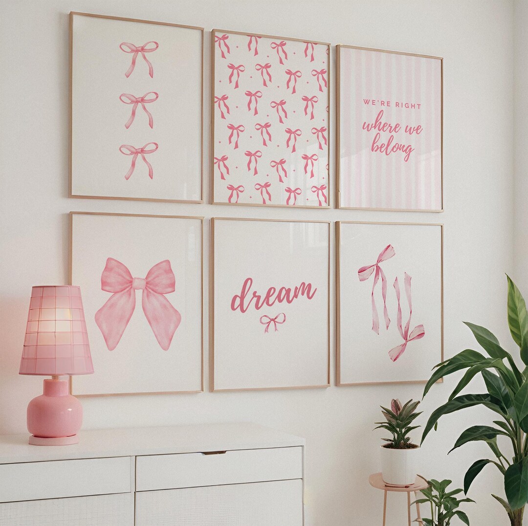 Pink Bow Prints, Bundle of 6, Pink Bows, Bow Prints, Bow Wall Art, Dorm ...