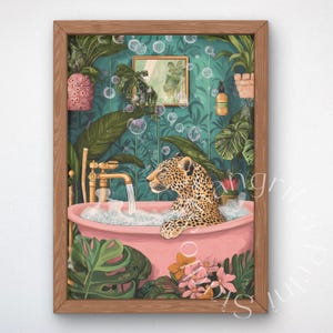 Leopard in Bathtub, Leopard Bathroom Print, Bathroom Flamingo Wall Art, Tropical Safari Bathroom Print, Bathroom Decor Art, Digital Download