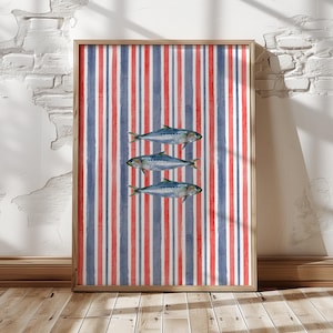 Red Blue Sardines Wall Art Print, Watercolor Fish Poster, Coastal Kitchen Decor, Nautical Stripe Illustration, French Riviera Style Download