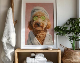 Golden Doodle Spa Wall Art, Funny Dog Bathroom Print, Pampered Pup Poster with Cucumber Eyes, Quirky Animal Decor, Pink Pet Digital Print