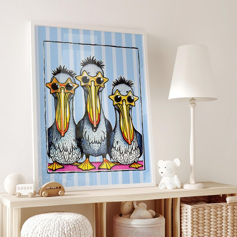 May include: Three cartoon pelicans wearing sunglasses with star-shaped lenses. The pelicans are standing in a row on a blue and white striped background.