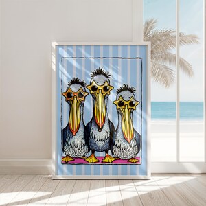 May include: Three cartoon pelicans wearing sunglasses with star-shaped lenses. The pelicans are standing in a row on a blue and white striped background.
