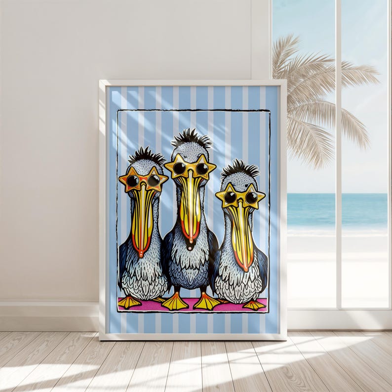 May include: Three cartoon pelicans wearing sunglasses with star-shaped lenses. The pelicans are standing in a row on a blue and white striped background.