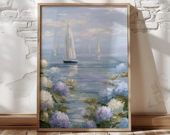 Stampa murale con barca a vela e paesaggio costiero, stampa di paesaggio marino pastello con ortensie, dipinto floreale nautico, decorazione da cottage sulla spiaggia, download digitale dell'oceano