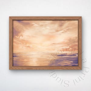 Ozean Sonnenuntergang Wand Kunst, abstrakte Meerlandschaft digitaler Download, Pfirsich und lila Küsten Malerei, ruhige Strandlandschaft druckbare Poster