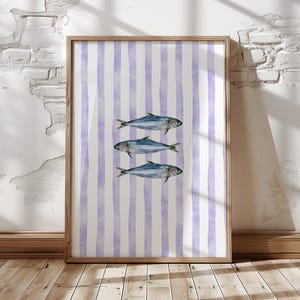 Purple Sardines Wall Art Print, Watercolor Fish Poster, Coastal Kitchen Decor, Nautical Stripe Illustration, French Riviera Style Download