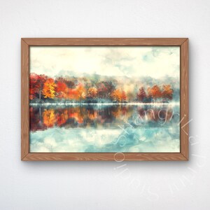 Herbst See Wandkunst, nebliger Waldlandschaft Druck, Herbstlaub Spiegelung, ruhige Natur Digital Download, Aquarell Stil Wald Dekor