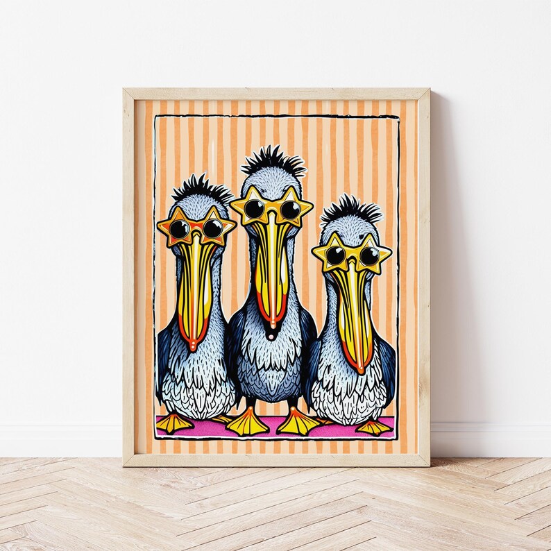 May include: Three cartoon pelicans wearing star-shaped sunglasses, with blue bodies, yellow beaks, and black eyes. The pelicans are standing on a pink stripe against a background of orange and white stripes.