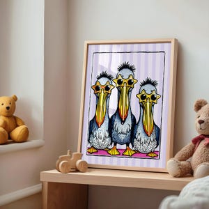 May include: Three cartoon pelicans wearing star-shaped sunglasses, standing in a row on a pink background with purple and white stripes. The pelicans are blue and gray with yellow beaks and black eyes.