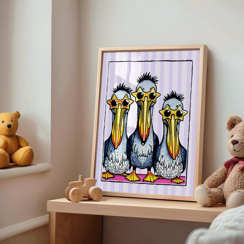 May include: Three cartoon pelicans wearing star-shaped sunglasses, standing in a row on a pink background with purple and white stripes. The pelicans are blue and gray with yellow beaks and black eyes.