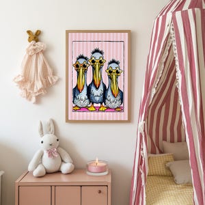 May include: Three cartoon pelicans wearing sunglasses stand in a row on a pink and white striped background. The pelicans are blue and gray with yellow beaks and orange sunglasses.