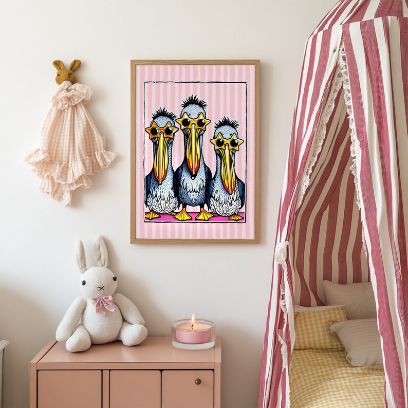May include: Three cartoon pelicans wearing sunglasses stand in a row on a pink and white striped background. The pelicans are blue and gray with yellow beaks and orange sunglasses.