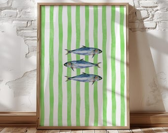 Groene sardines Wall Art Print, aquarel vis poster, kustkeuken decor, nautische streep illustratie, Franse Rivièra stijl download