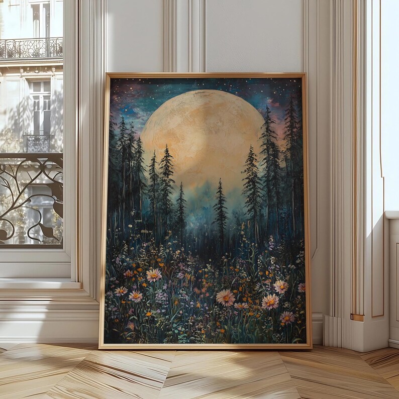 Moonlit Pine Tree Forest Print, Full Moon Wildflower Painting Print ...