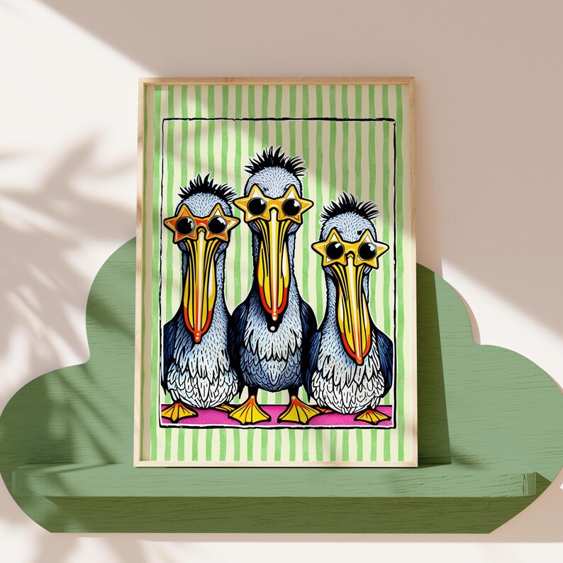 May include: Three cartoon pelicans wearing sunglasses, standing in a row on a green and white striped background.