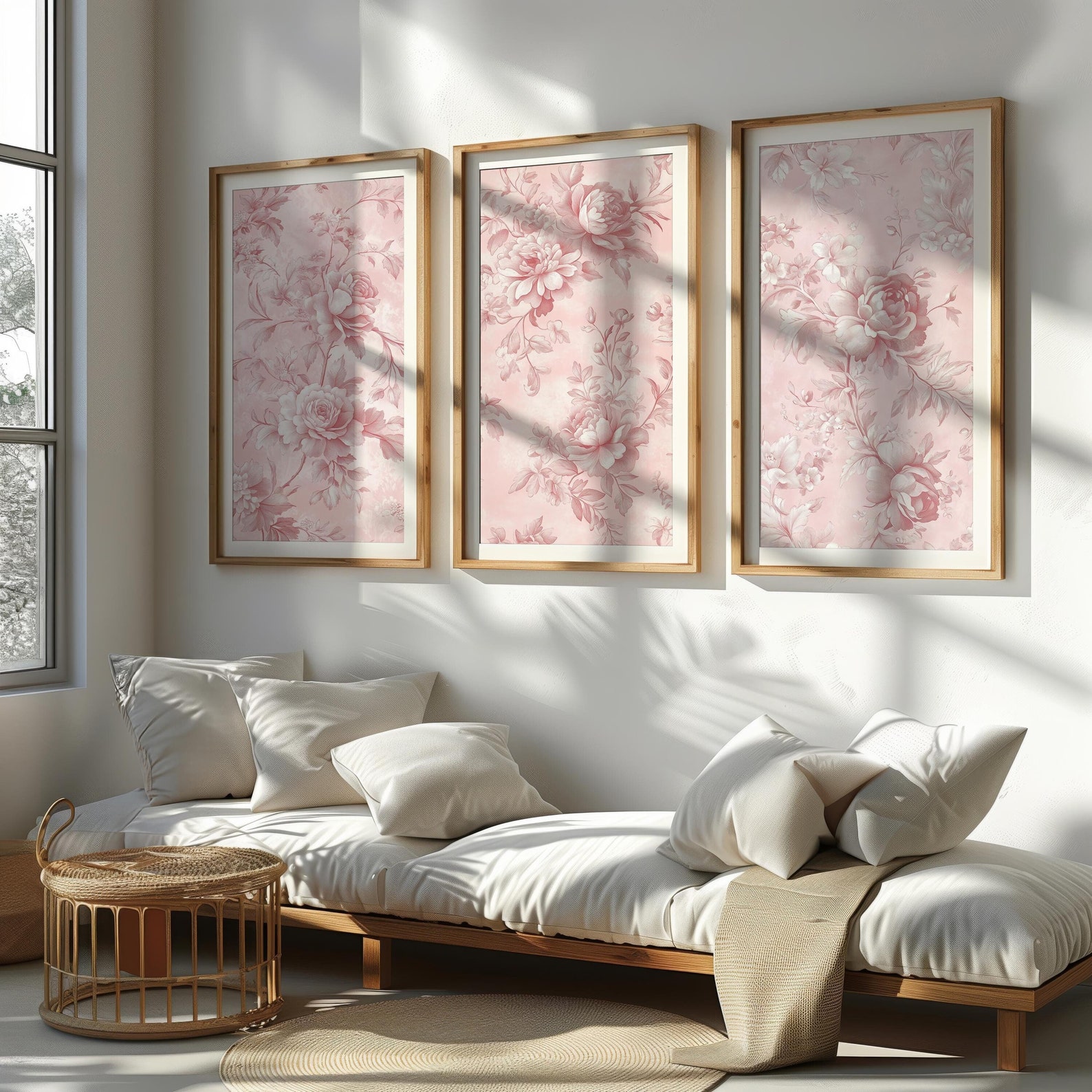Set of 3 Pink Vintage Floral Prints, Chinoiserie Flower Wall Art ...