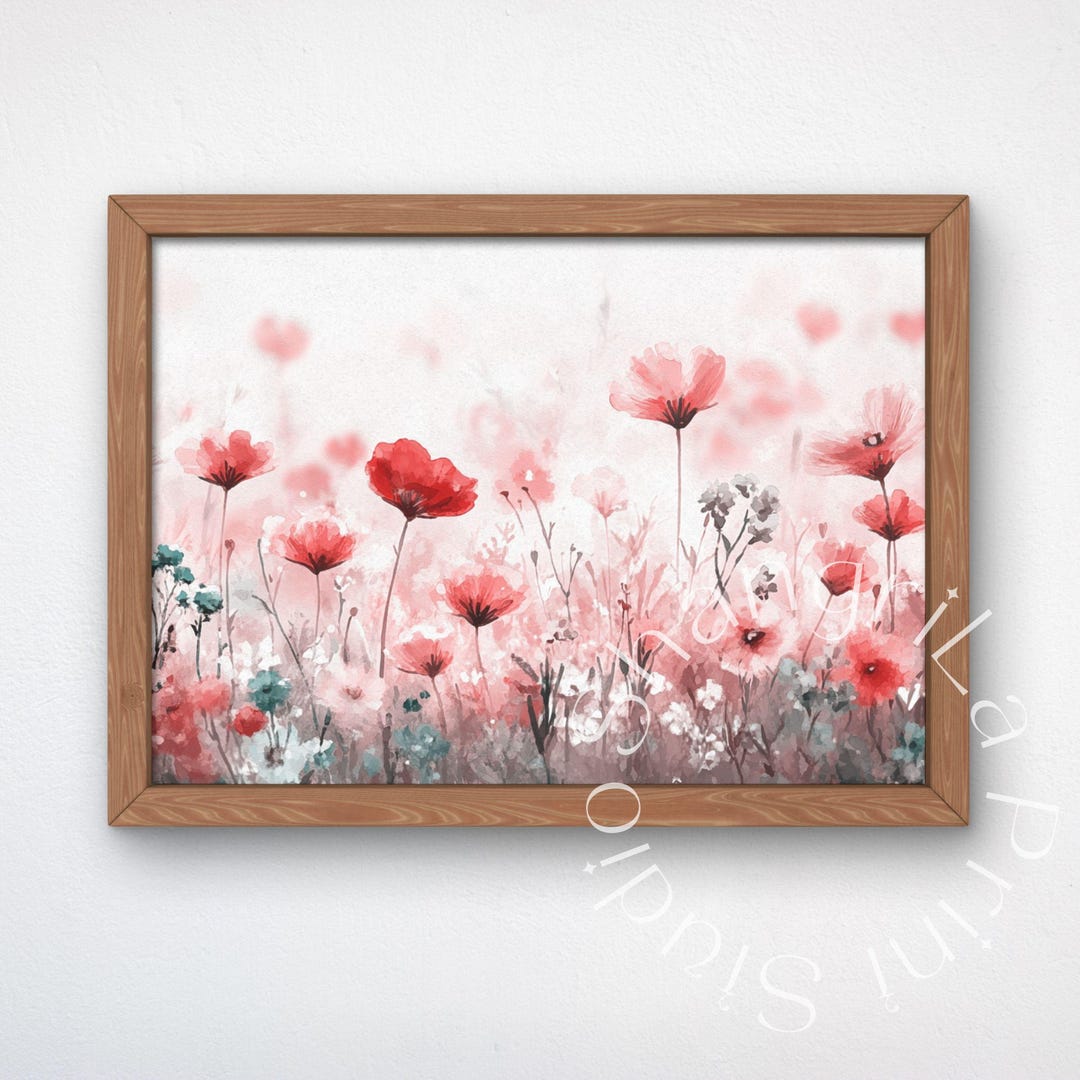 Wildflower Field Wall Art, Pink Botanical Print, Summer Flower Meadow ...