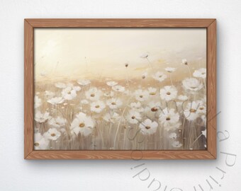 White Wildflower Field Print, Neutral Floral Wall Art, Daisy Meadow Painting, Beige Botanical Landscape, Digital Download Art Print