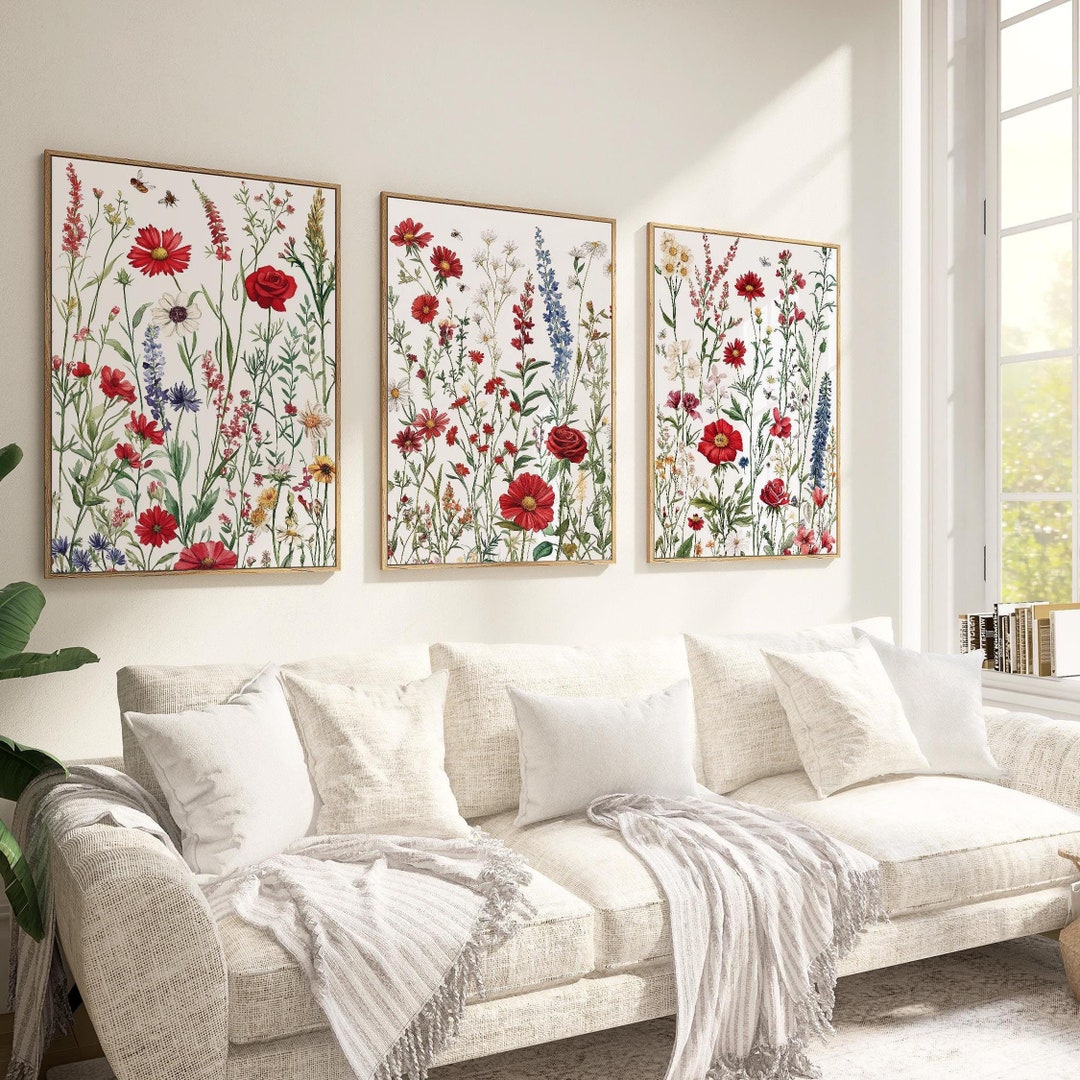 Set of 3 Red Wildflower Prints, Wildflower Watercolor Print, Watercolor ...