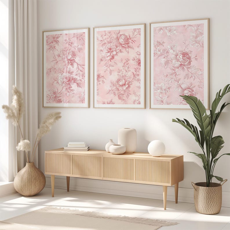 Set of 3 Pink Vintage Floral Prints, Chinoiserie Flower Wall Art ...
