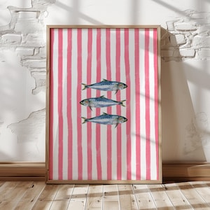 Pink Sardines Wall Art Print, Watercolor Fish Poster, Coastal Kitchen Decor, Nautical Stripe Illustration, French Riviera Style Download