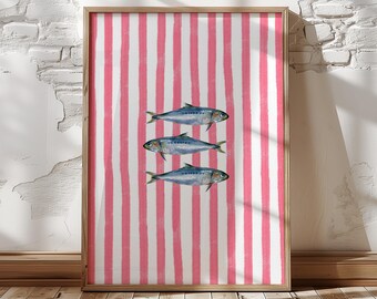 Pink Sardines Wall Art Print, Watercolor Fish Poster, Coastal Kitchen Decor, Nautical Stripe Illustration, French Riviera Style Download