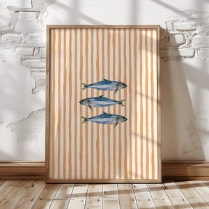 Orange Sardines Wall Art Print, Watercolor Fish Poster, Coastal Kitchen Decor, Nautical Stripe Illustration, French Riviera Style Download