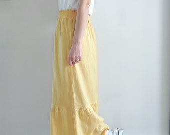 Women's long skirt, viscose linen, summer yellow, elastic gathered waist, trendy, fluid, comfortable, by Mesketa