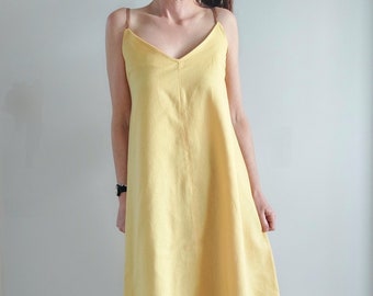 Women's yellow dress, loose cut, viscose linen, bronze straps, trendy summer, fluid, original, by Mesketa