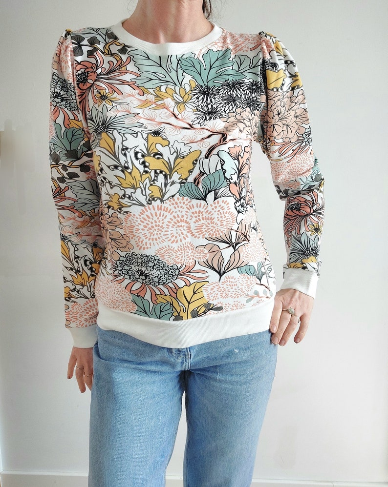 Sweatshirt imprimé femme, molleton manches longues ballon, motifs multicolors, original, confortable par Mesketa zdjęcie 6