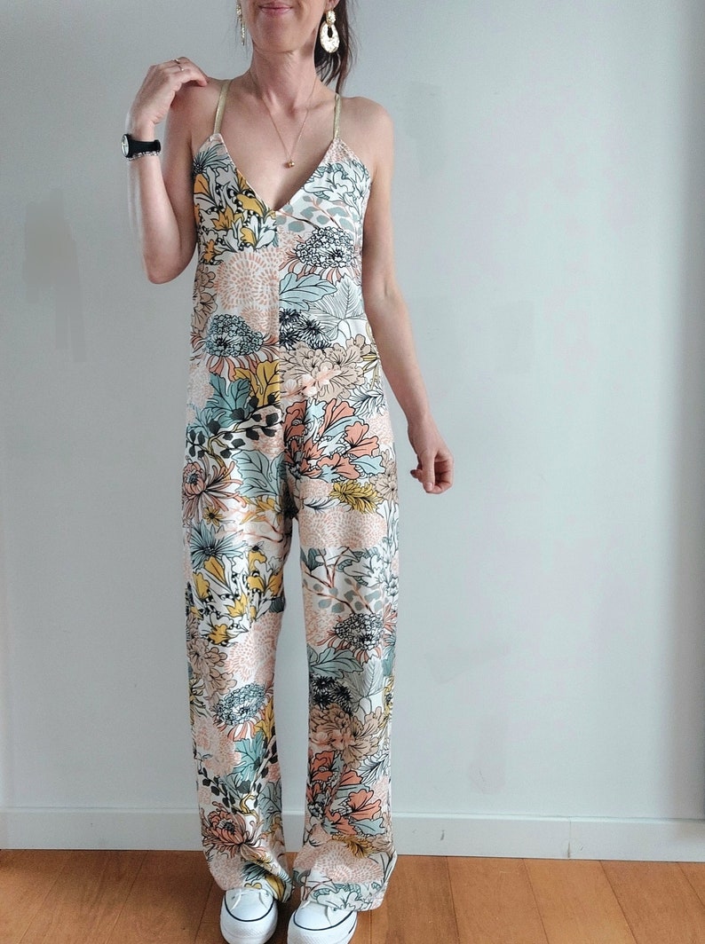 Women's jumpsuit, linen jumpsuit, multicolored flowers, summer trend, thin gold straps, by Mesketa image 1