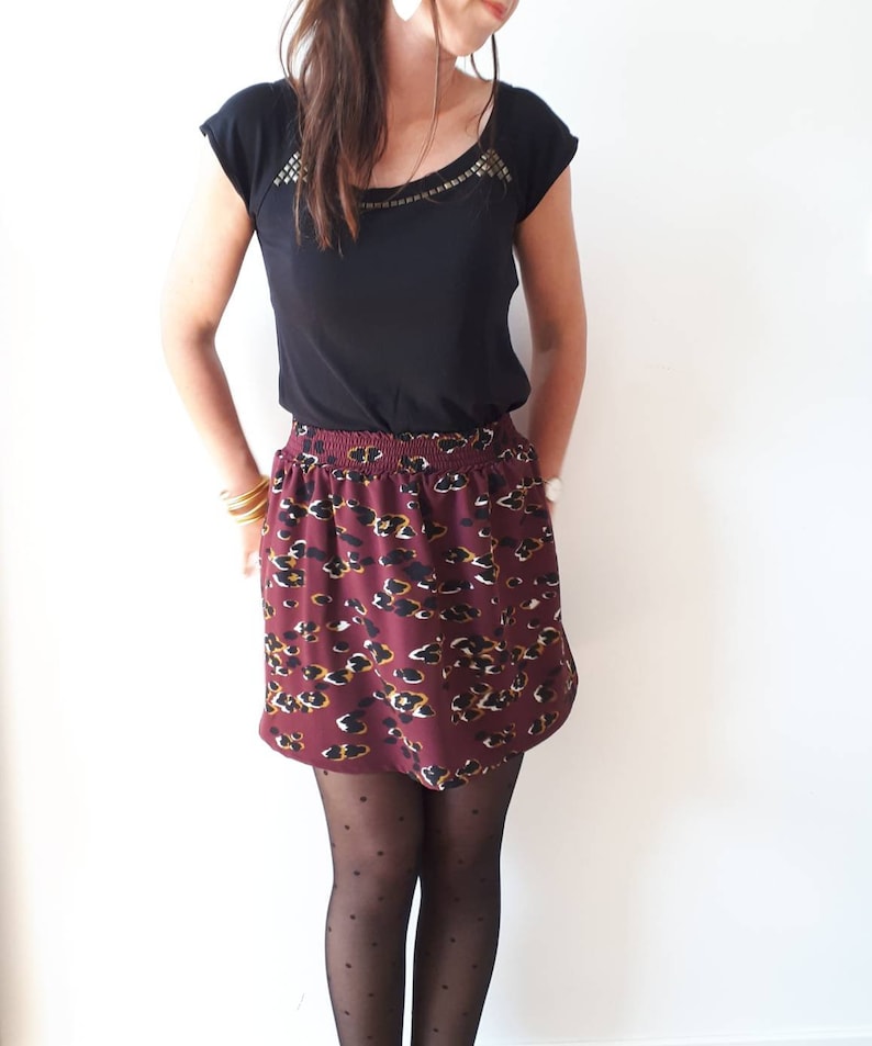 leopard print Women/'s elastic skirt by Mesketa short cut eggplant