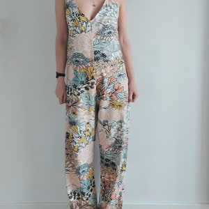 Women's jumpsuit, linen jumpsuit, multicolored flowers, summer trend, thin gold straps, by Mesketa image 3