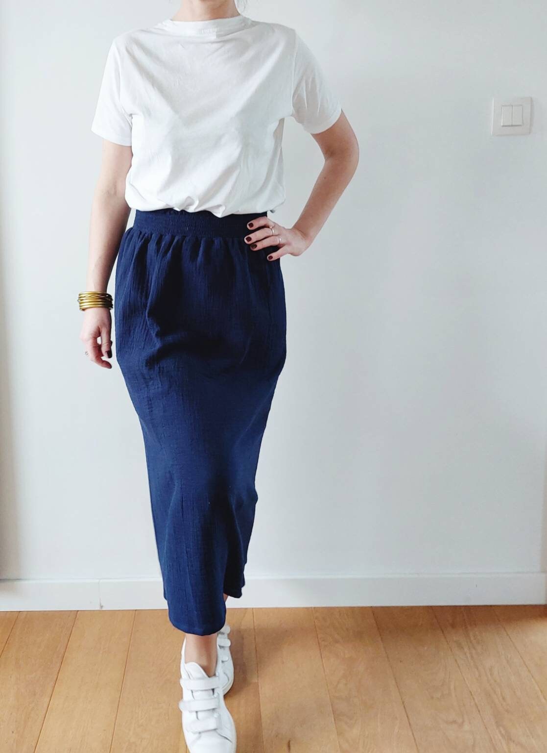 Women's Long Skirt Cotton Gauze Navy Blue Elastic - Etsy