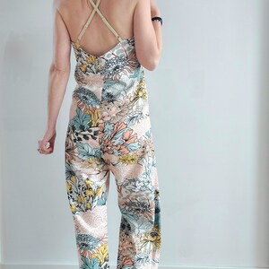 Women's jumpsuit, linen jumpsuit, multicolored flowers, summer trend, thin gold straps, by Mesketa image 5