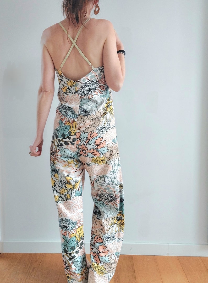 Women's jumpsuit, linen jumpsuit, multicolored flowers, summer trend, thin gold straps, by Mesketa image 5