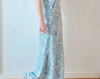 Women's long dress, floral cotton, blue and white, silver straps, trendy summer, fluid, original, by Mesketa