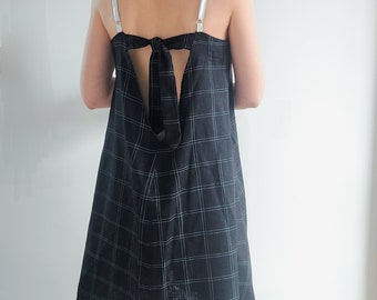 Women's black dress, loose cut, viscose linen, silver straps, trendy summer, fluid, gray checks, original, by Mesketa