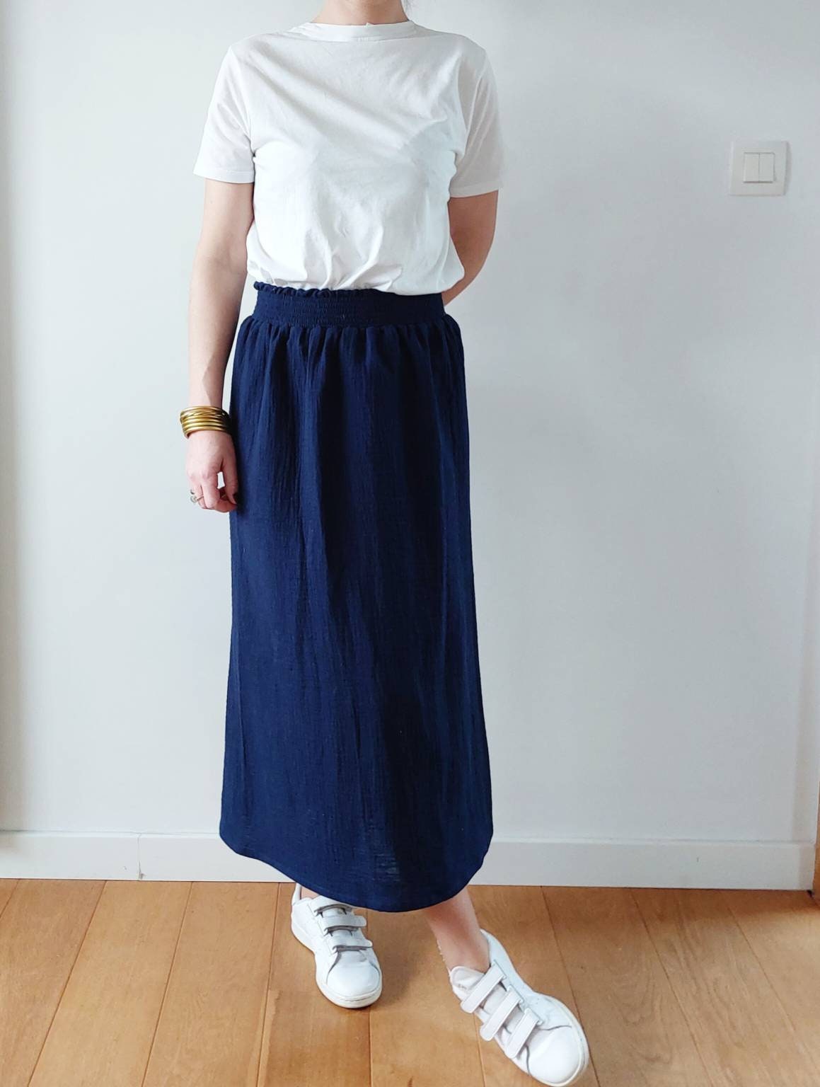 Women's Long Skirt Cotton Gauze Navy Blue Elastic - Etsy