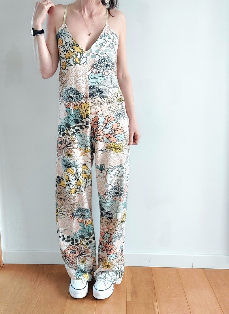 Women's jumpsuit, linen jumpsuit, multicolored flowers, summer trend, thin gold straps, by Mesketa image 6