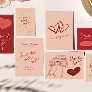 手書きの結婚式招待状一式、カスタマイズ可能なRSVP（デジタルダウンロード）