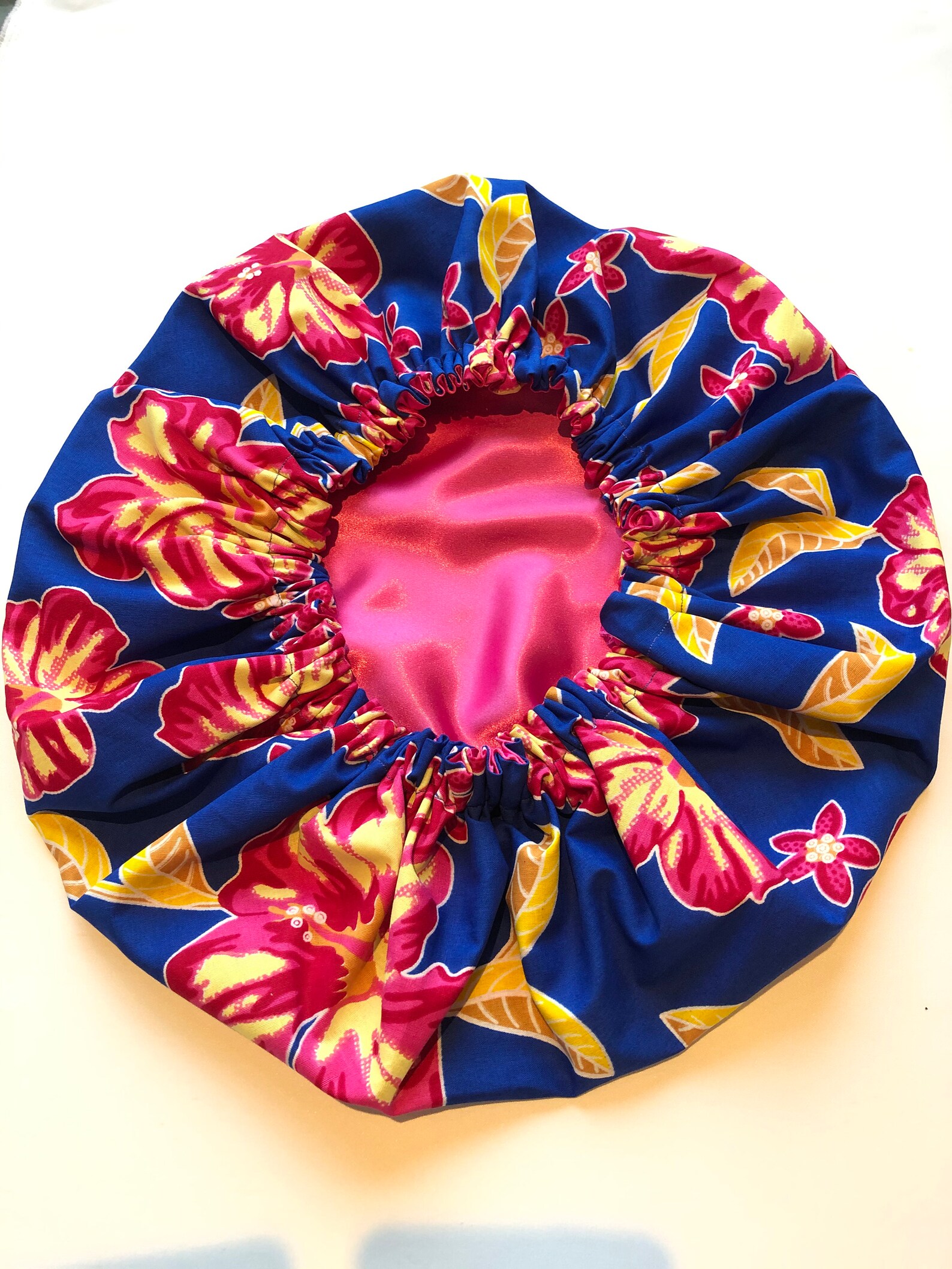 Ankara Royal Blue Hibiscus Flower Hair Bonnet With Pink Matching Satin ...