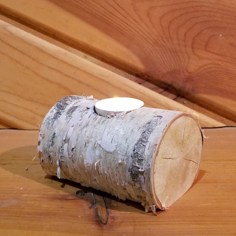 White Birch Log Tea Light Holder Candle Holder Rustic Candle Etsy