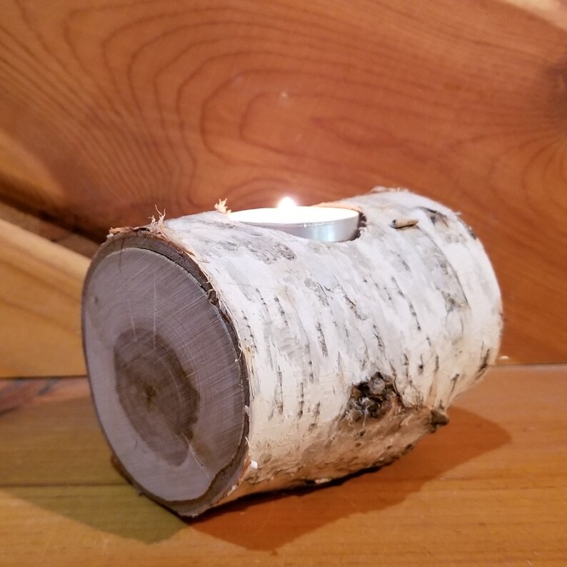 White Birch Log Tea Light Holder Candle Holder Rustic Candle Etsy