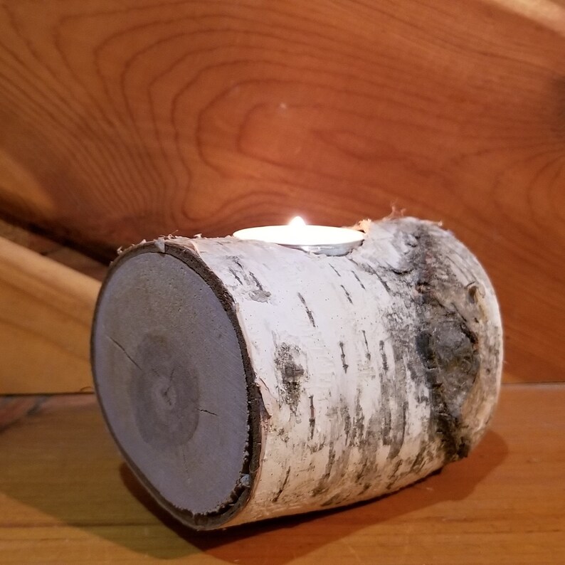 White Birch Log Tea Light Holder Candle Holder Rustic Candle Etsy