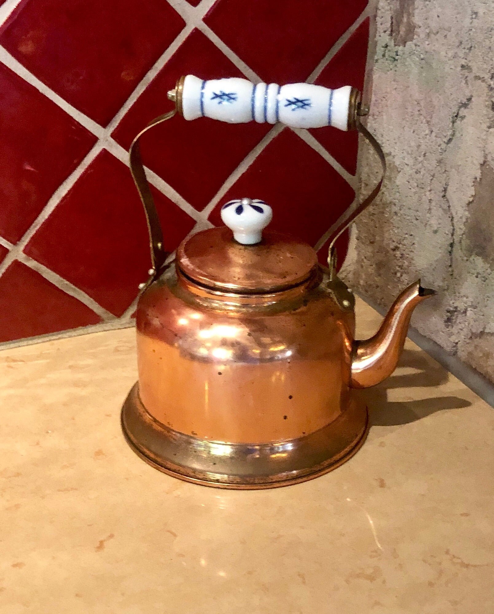Vintage Copper Tea Pot With Brass and Porcelain Handle Etsy