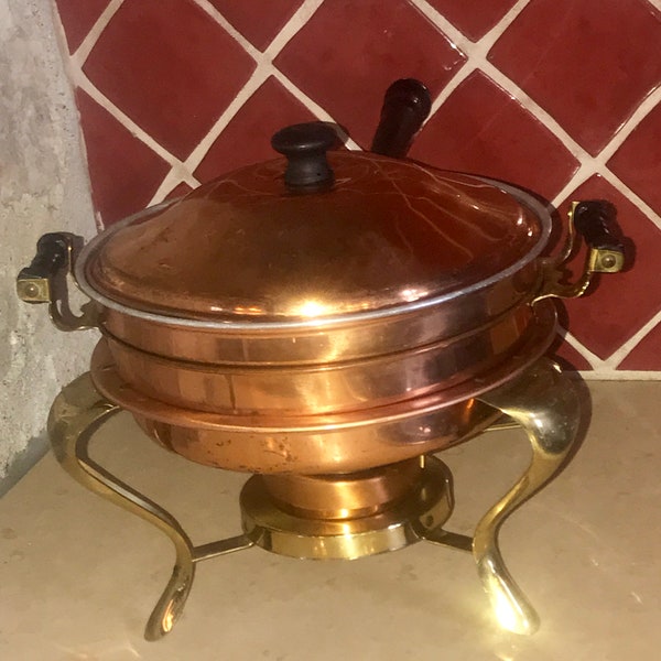 Vintage Rose Gold Copper and Brass Chaffing Dish with Wooden Accents