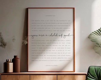 Marianne Williamson Our Deepest Fear, You are a child of God, Printable inspirational Christian wall art, Williamson poem poster /01