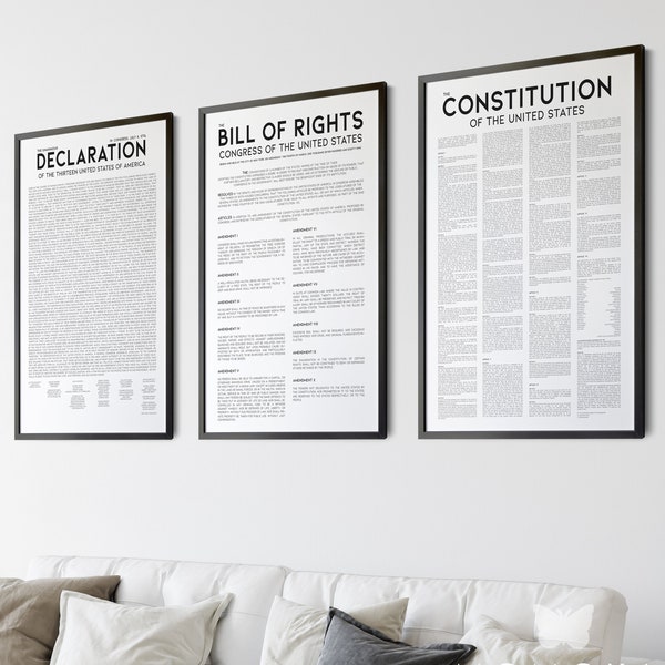 Fourth of July Printable Wall Art Patriotic Set of 3 Prints, Declaration of Independence US Constitution Bill of Rights Digital Download /01